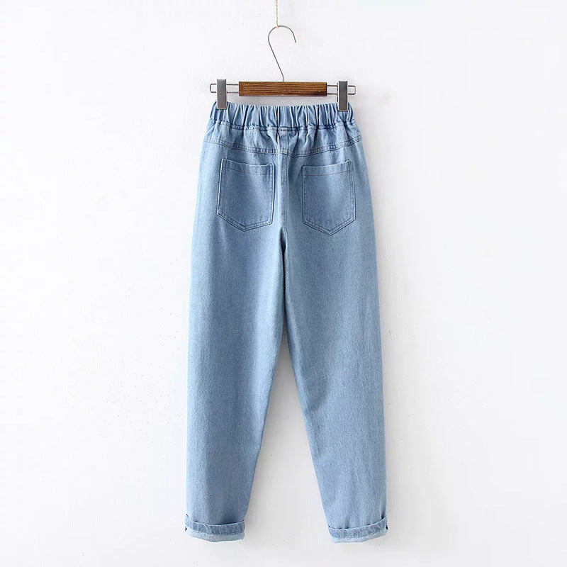 Japanese All-match college style radish letter embroidered denim pants