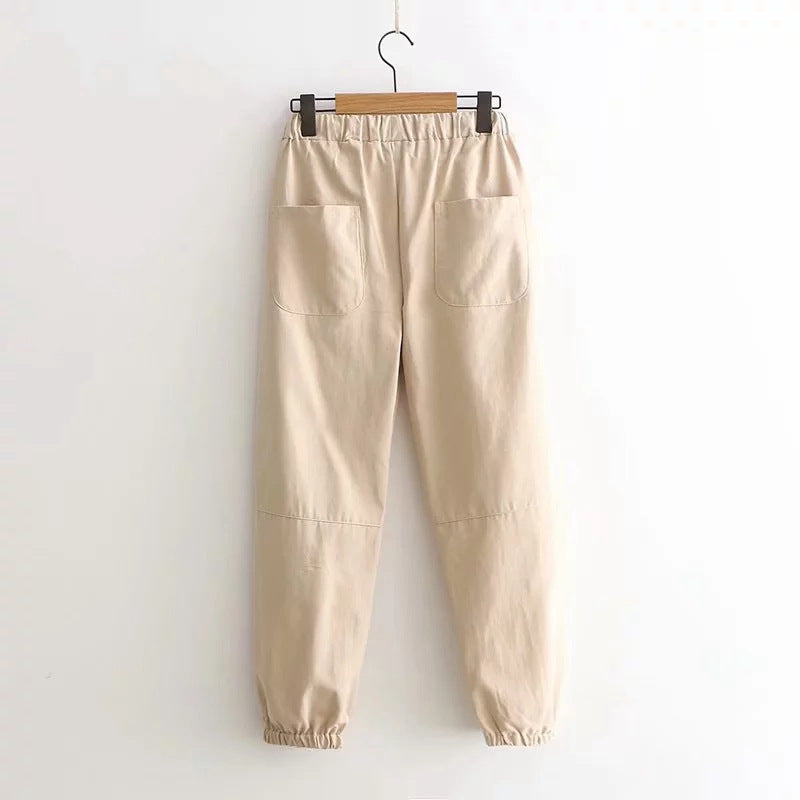 Korean all-match college wind elastic waist letter embroidery trousers