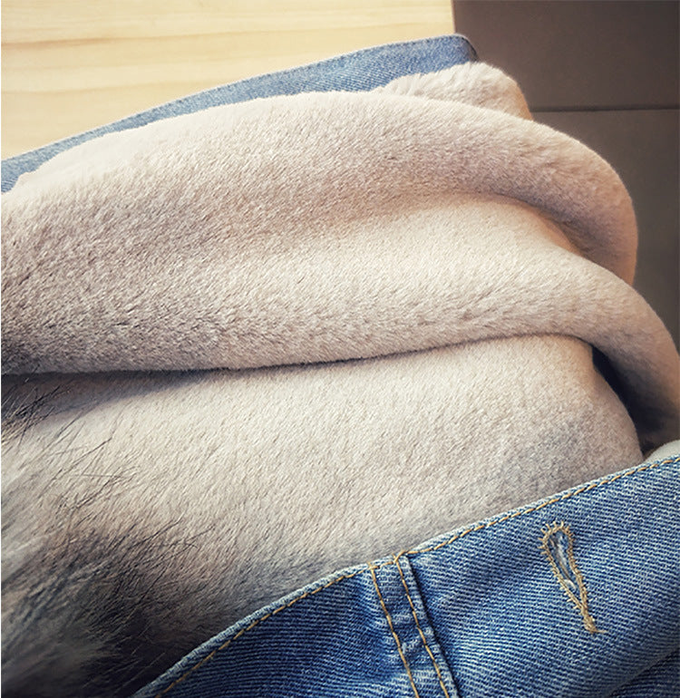 Großer Pelzkragen und samtdicker, lockerer Denim-Baumwollmantel