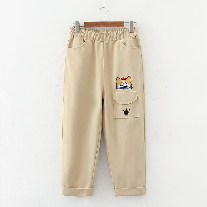 Japanese Korean Korean style all-match casual college style cartoon tooling straight trousers