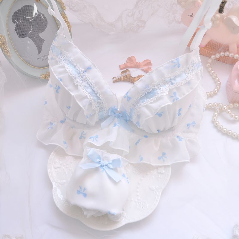 Dot Flower Ruffle Angel Japanese Cute Bra Set