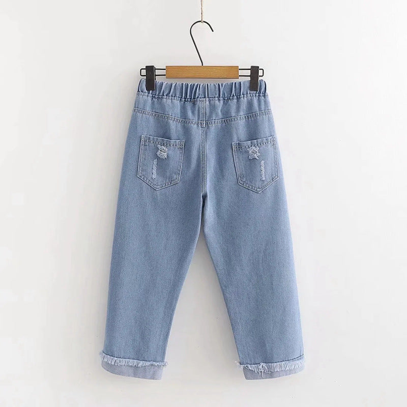 Japanese Korean college style elastic waist all-match slimming rabbit curled straight cropped pants