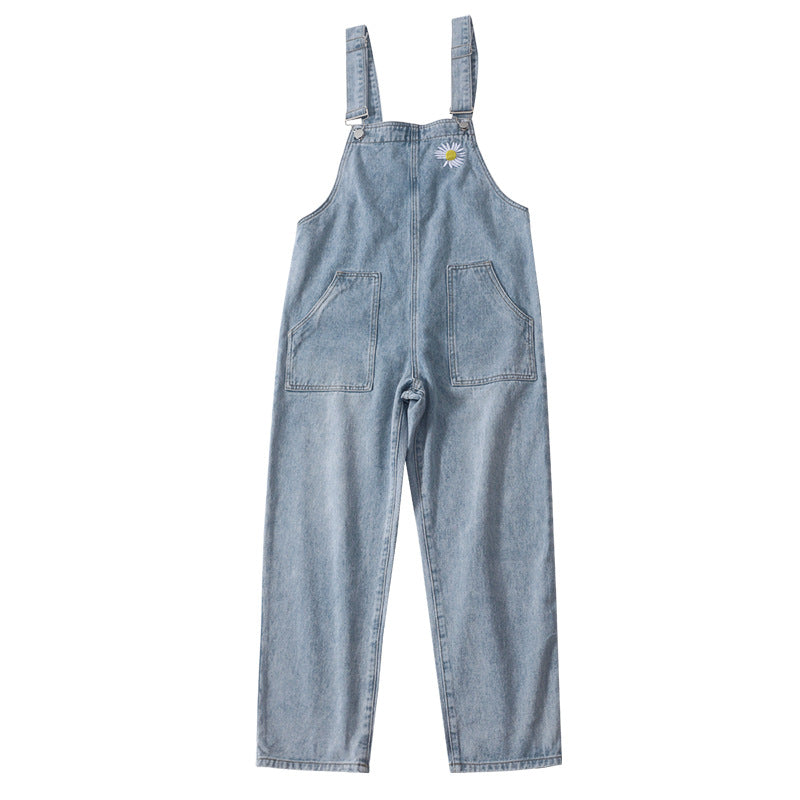 日本のかわいい刺繍デイジーデニムオーバーオール