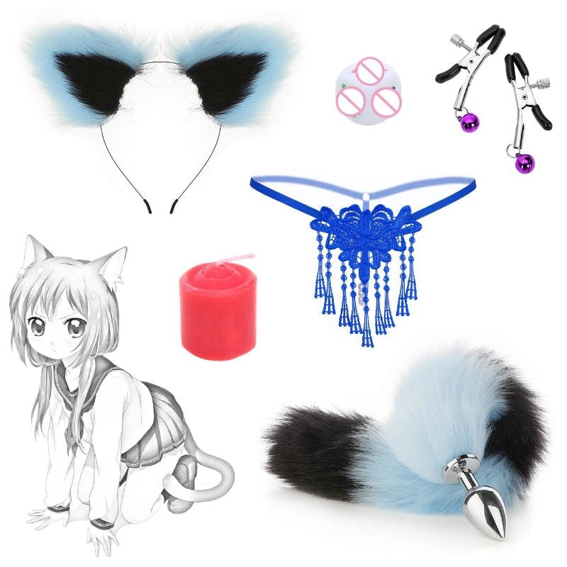 Sexy anal anal plug, tail plug, tied with rope-6 PCS Set