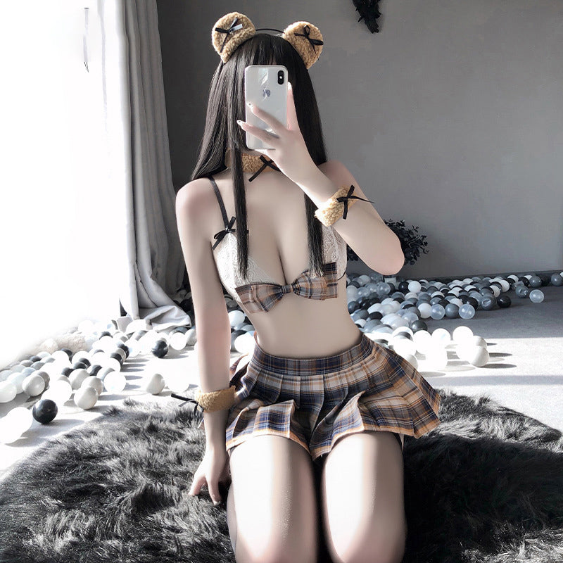 Sofyee Sweet Bear Mesh Faltenrock Studentenunterwäsche – Schulmädchen