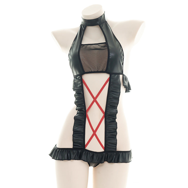 Sofyee セクシー Pu クロス カットアウト ゲーム コスチューム