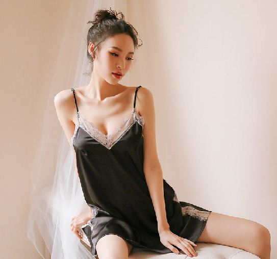 Backless Deep V Temptation Strap Nightdress Lace Satin Sexy Backless Underwear