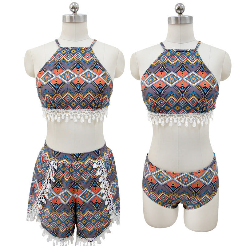 Vintage Tassel Travel Cute Sweet High Waisted Printed Ruffle Swimsuit Set