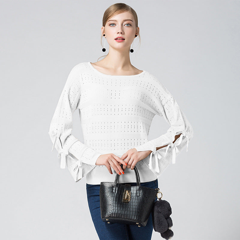 Self-Tie Sleeves Fine-Knit Top