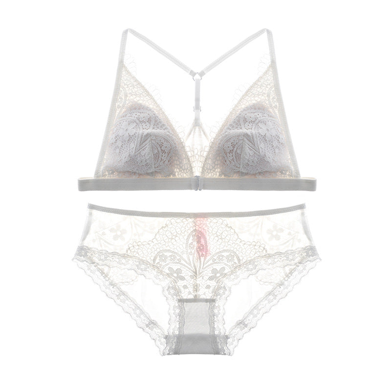 透け感のあるメッシュレースの花柄刺繍ブラ&パンティセット