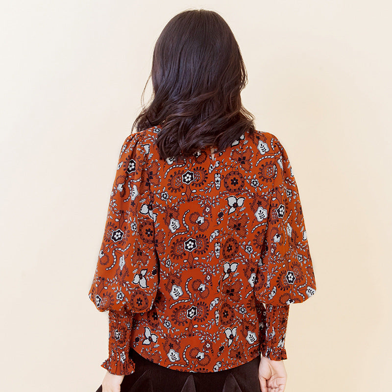 Lantern Sleeves Flower Printed Chiffon Top