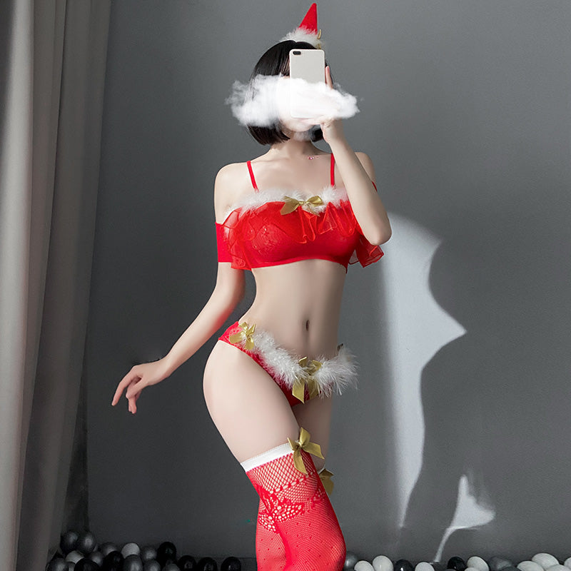 Sexy Christmas Tube Top One-Piece Net Dress Suit