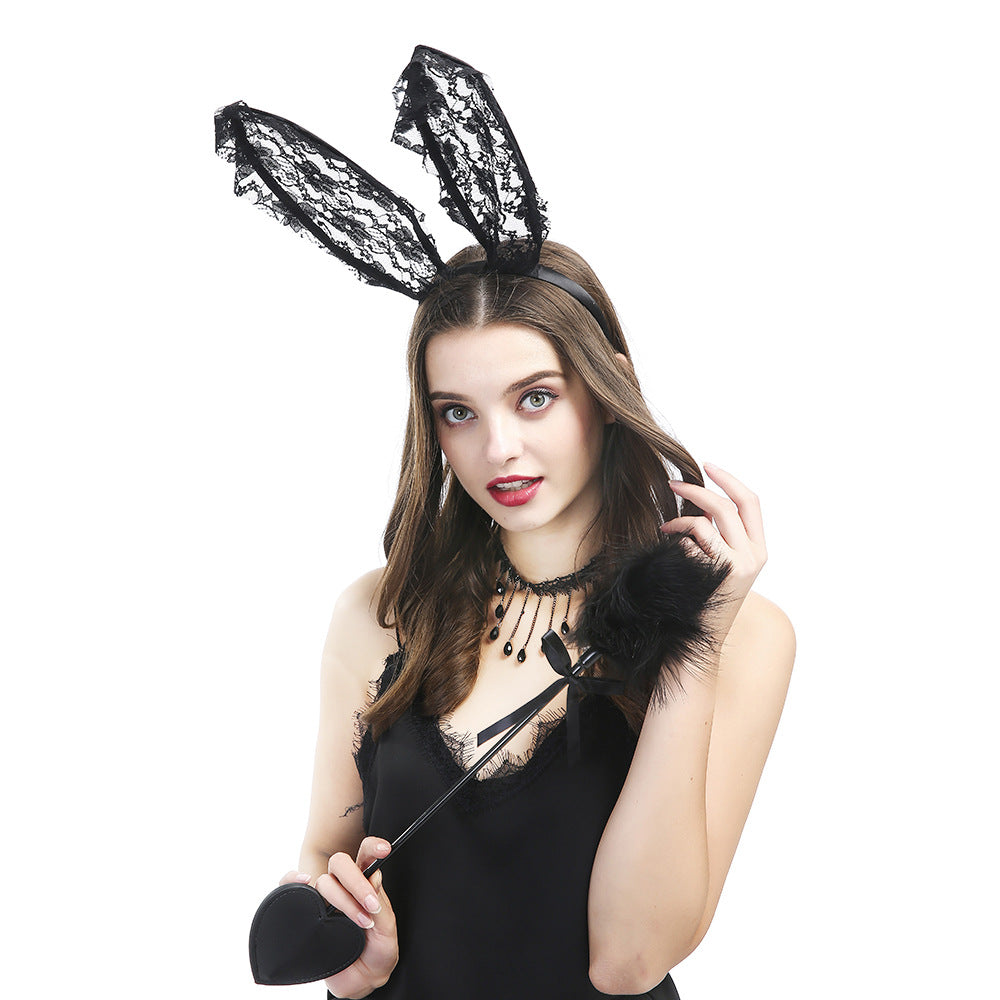 Feder-Flirtstab, Spitze, Hasenohren, Stirnband, Schlüsselbeinkette, Halsband-Set