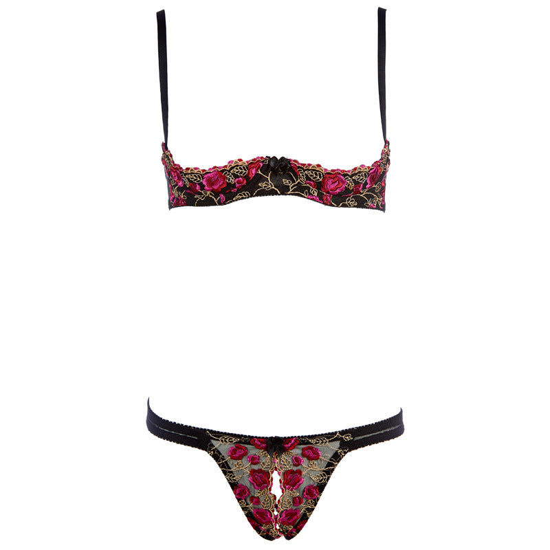 Flower Open Front Cupless Quarter Cup Shelf Crotchless Bra Set Sofyee Flower Open Front Cupless Quarter Cup Shelf Crotchless Bra Set Sofyee