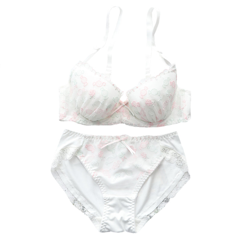 Tumblr Aesthetic Japanese Lace Girly Dot Flower Sweetie Heart Bra Set