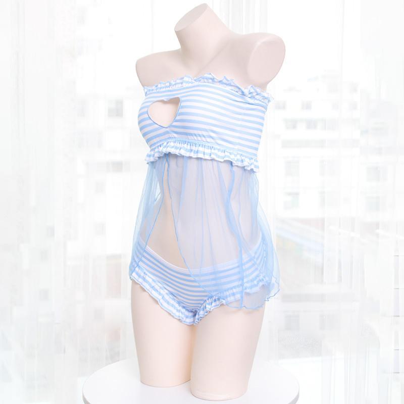 Sexy Amine School Girl Kawaii Stripped Heart Cat Keyhole Lingerie