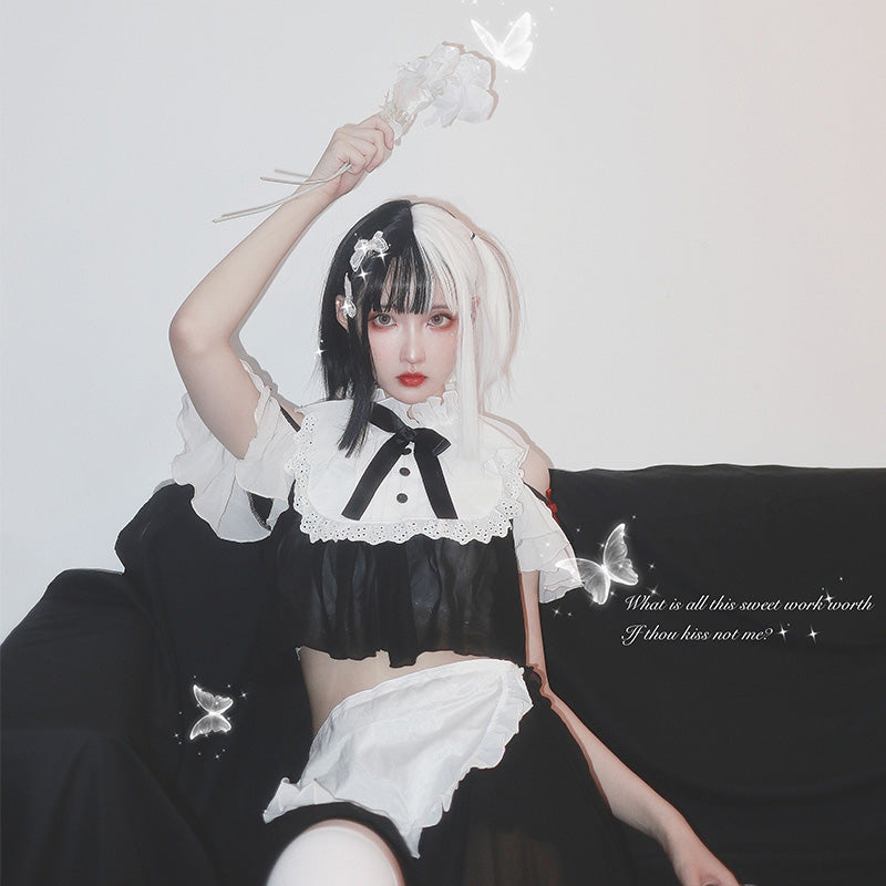 Sofyee Anime Kawaii Bow Japanese Black Maid Set