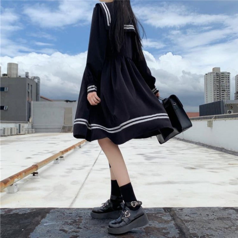 Dark sweet girl navy collar high waist slim long sleeve dress