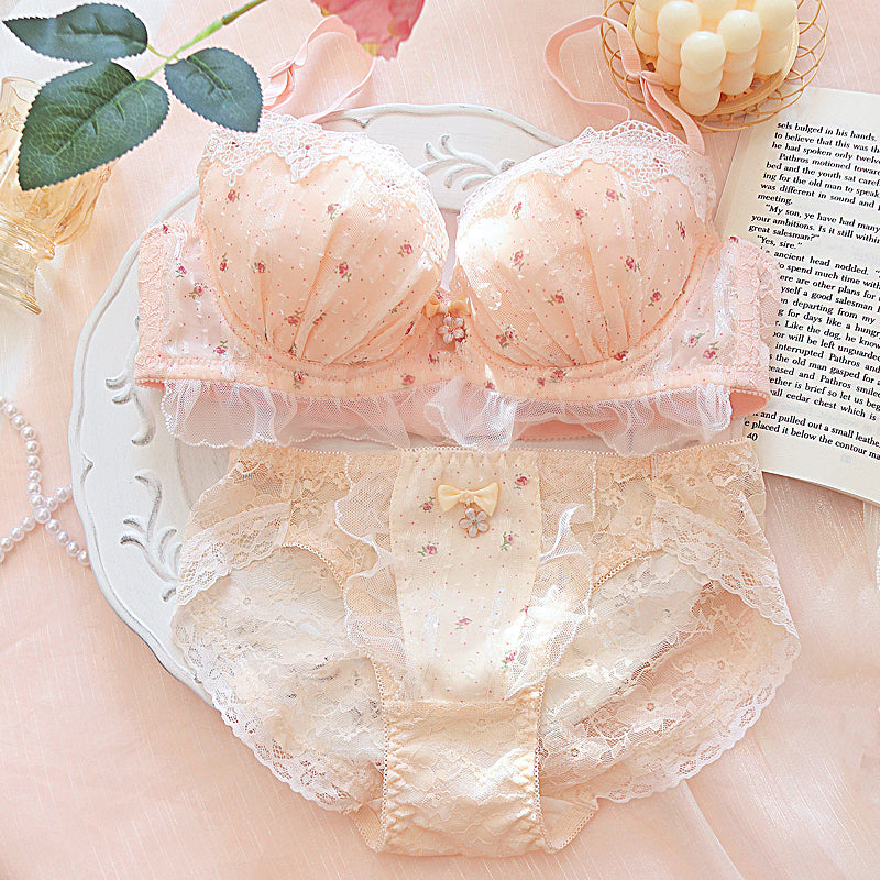 Dot Flower Ruffle Angel Japanese Cute Bra Set