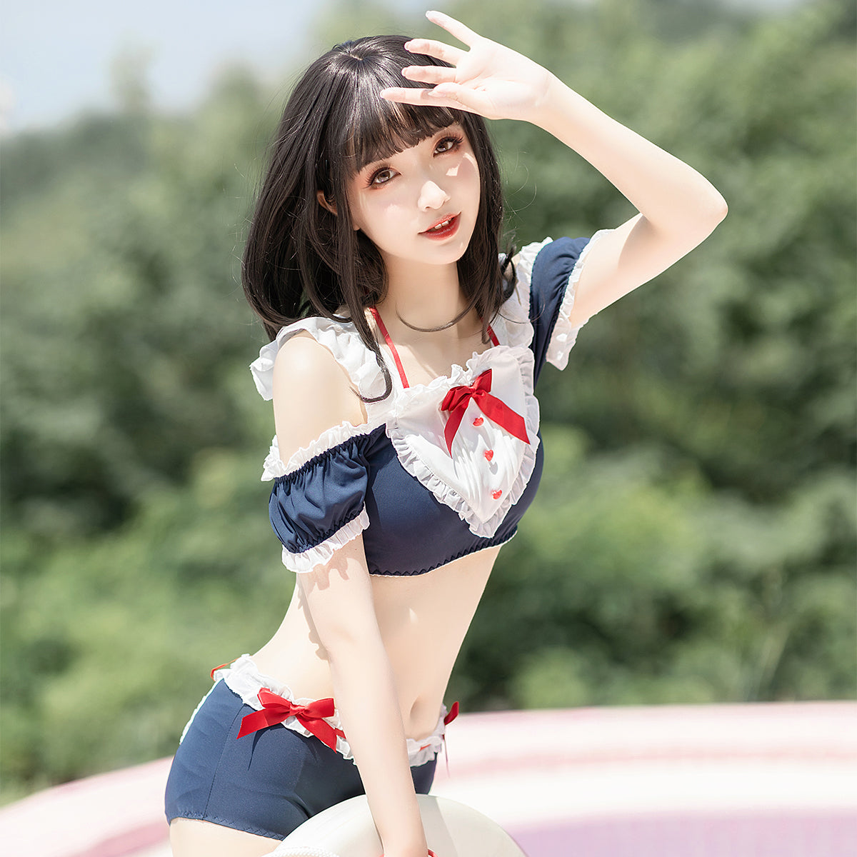 Japanese Cute Ruffle Pink Flower Swimsuit