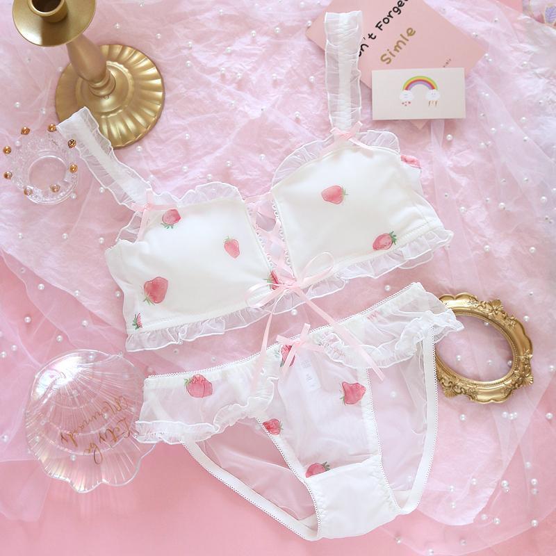 かわいいガーリーなストロベリーレースアップチューブトップランジェリーセット