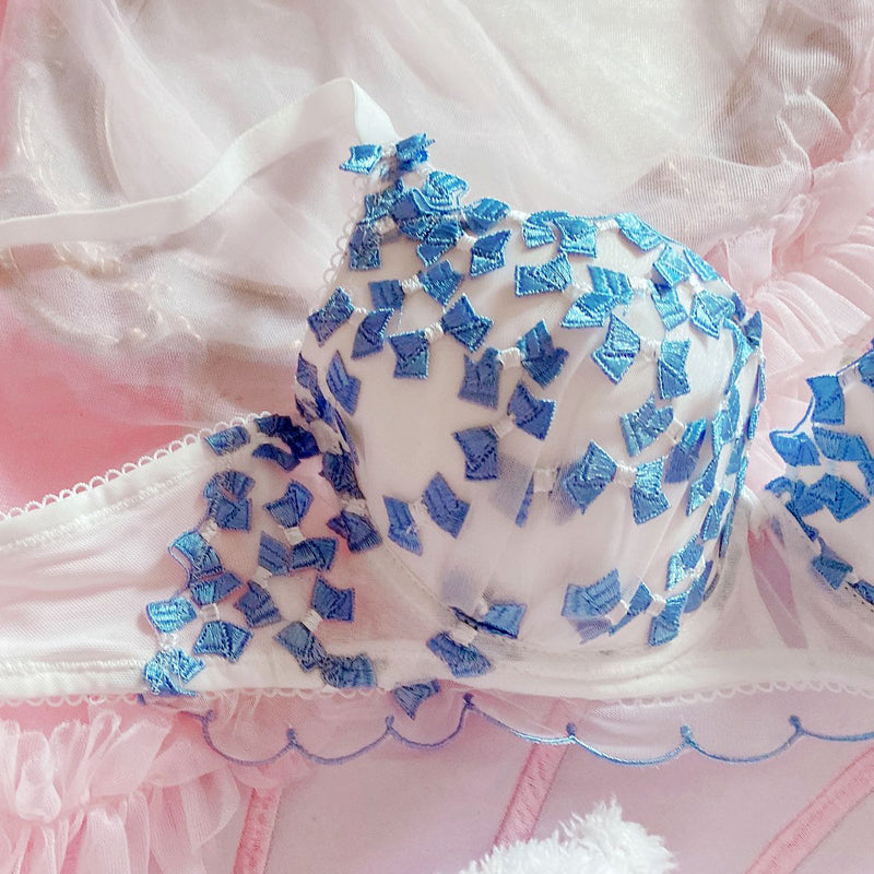 Japanese embroidered bowknot mesh bra set with steel ring
