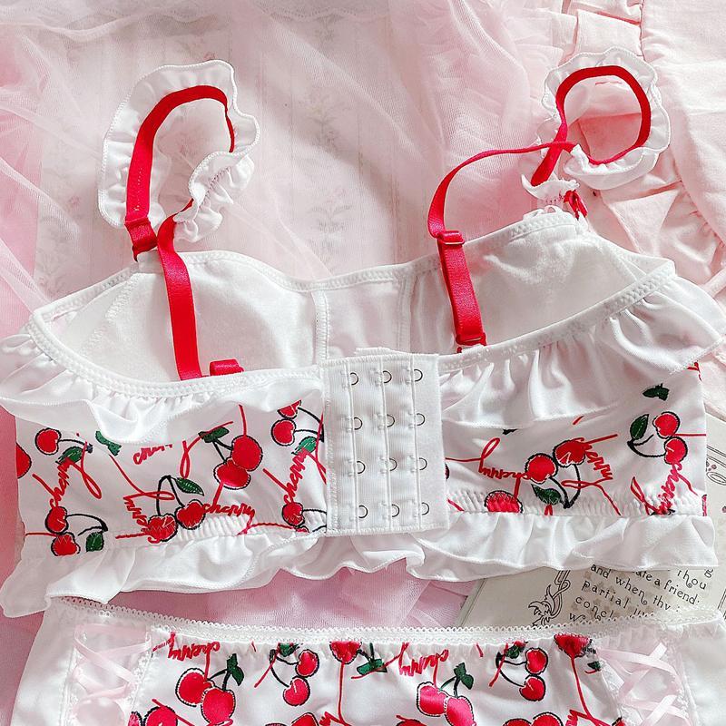 Cherry Ruffle Underwear Without Steel Ring Bra Set