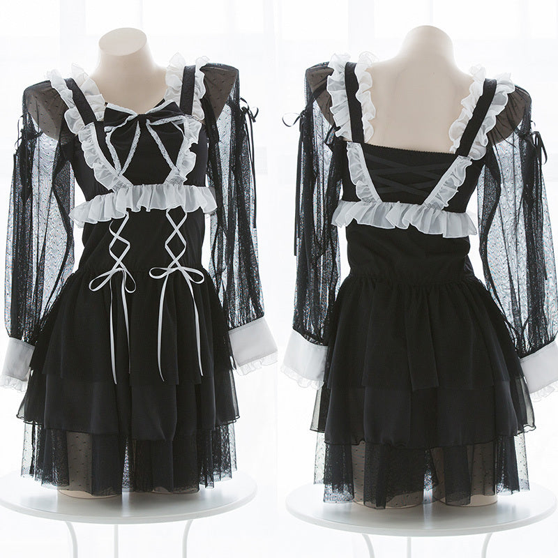 Sofyee Anime Kawaii Bow Japanese Black Maid Set