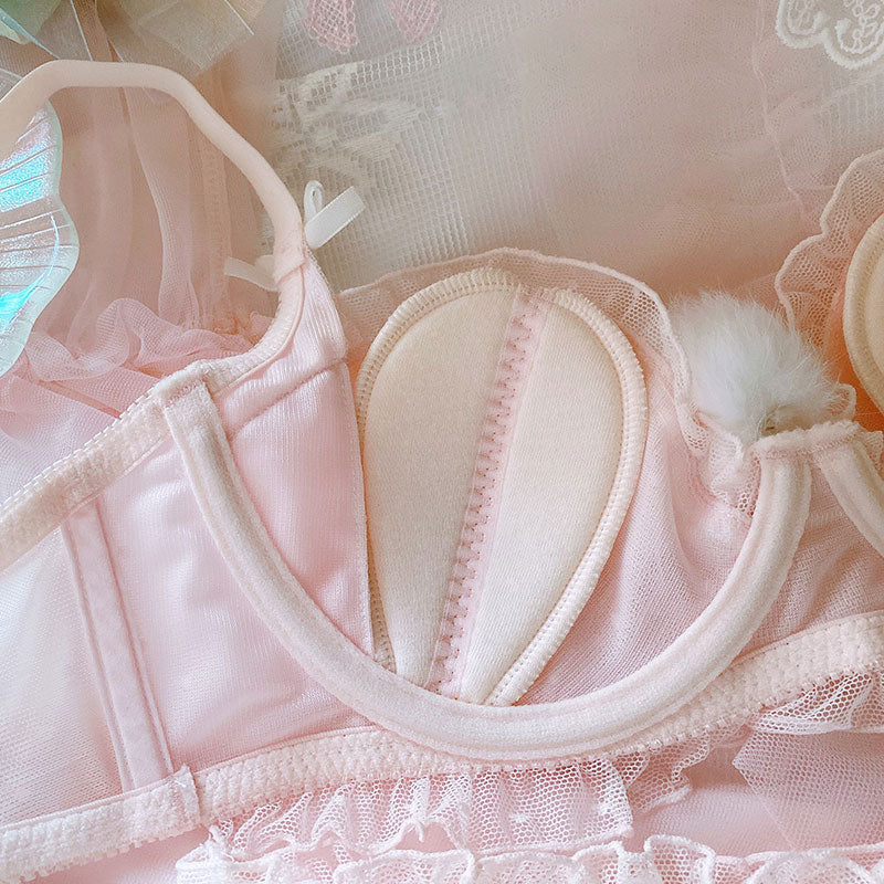 Sofyee Japanese Cute Pink Furball Rabbit Tail Plus Size Bra Set