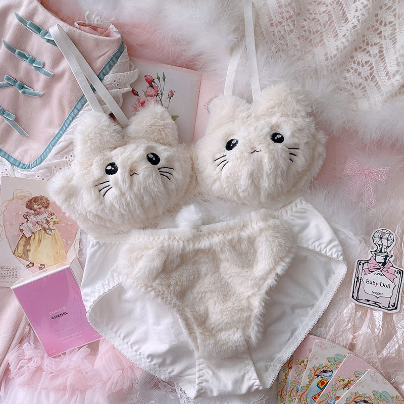 Japanese Cute Pink Plush Cat Embroidery No Steel Ring Bra Set