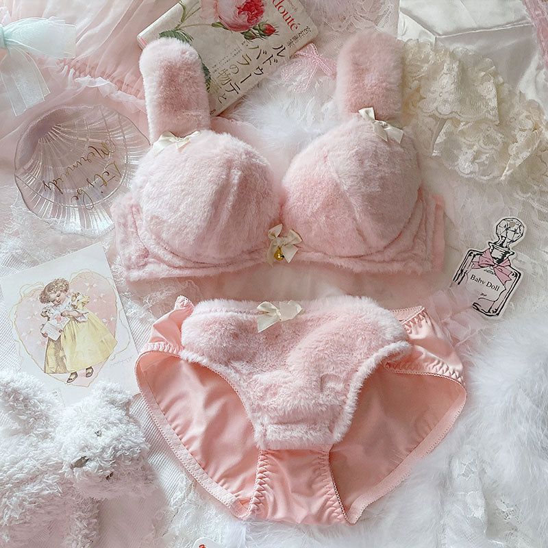 Sofyee Japanese Cute Pink Plush Rabbit Ears Underwire Plus Size Bra Se