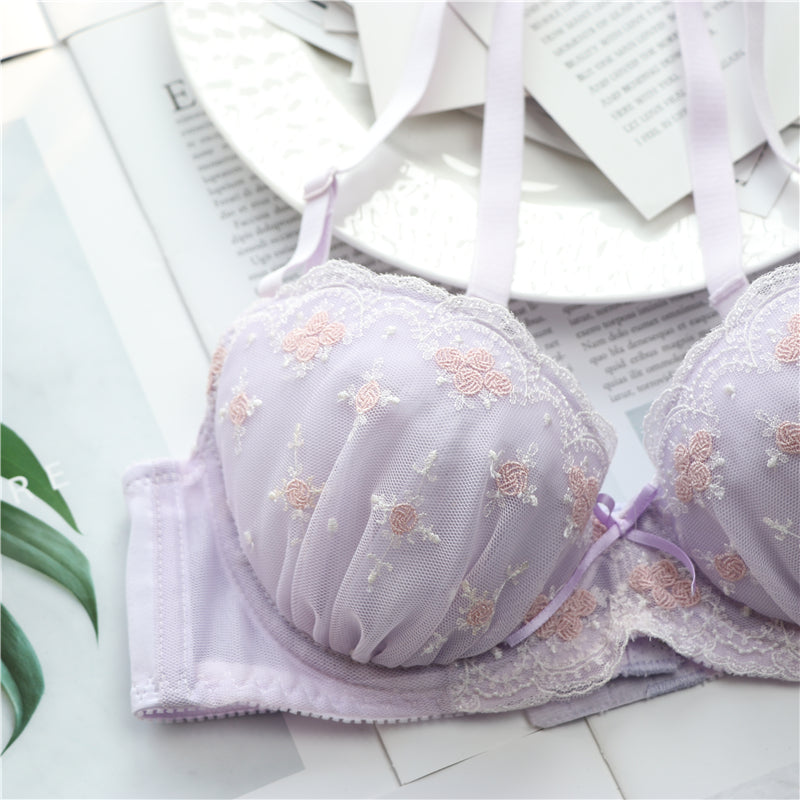 Pastel Pink Ruffle Lace Girly Dot Flower Sweetie Heart Bra Set