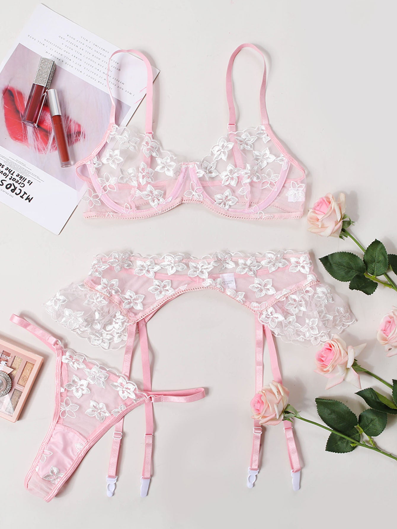 Pink Sheer Mesh Flower Bra Set