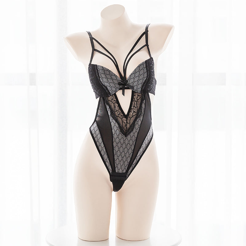 Hollow deep V jumpsuit straps bondage T pants bra