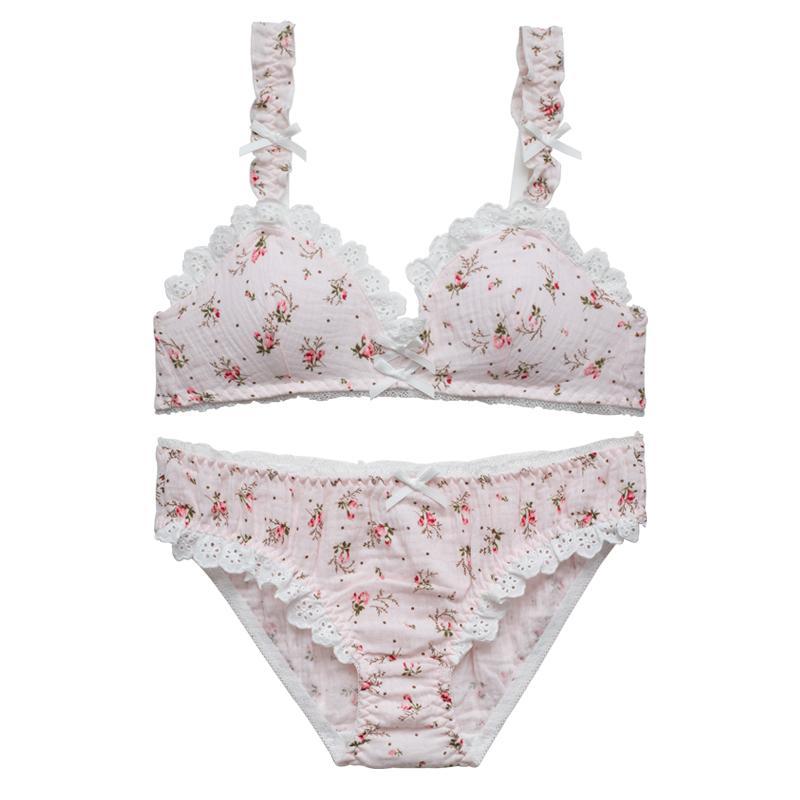 Japanese cute floral no steel ring triangle cup bra set
