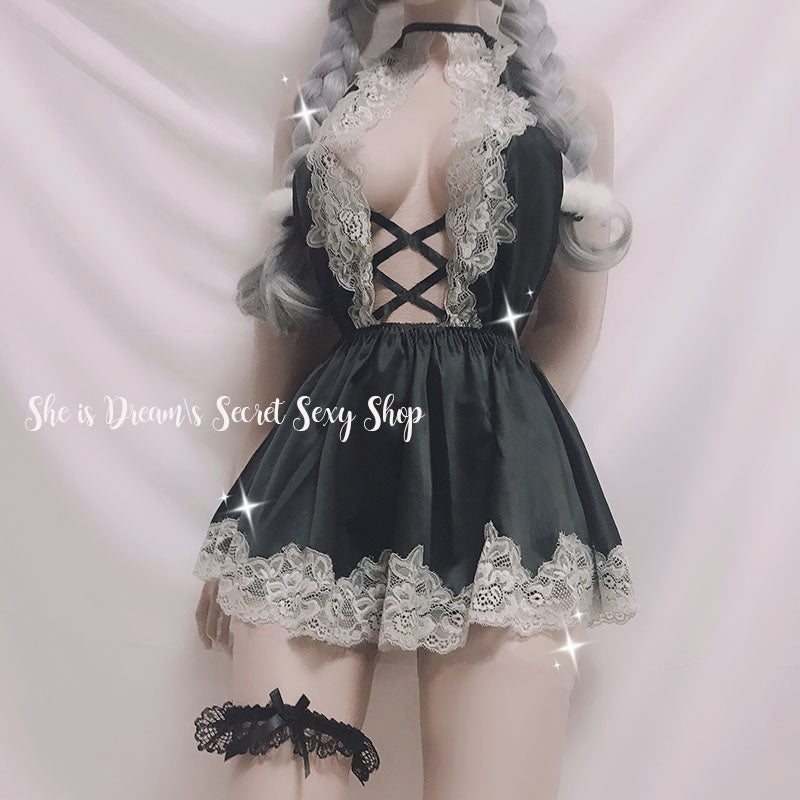 Fresh Lace Open Cup Sexy Sheer See Through Black Lingerie Set