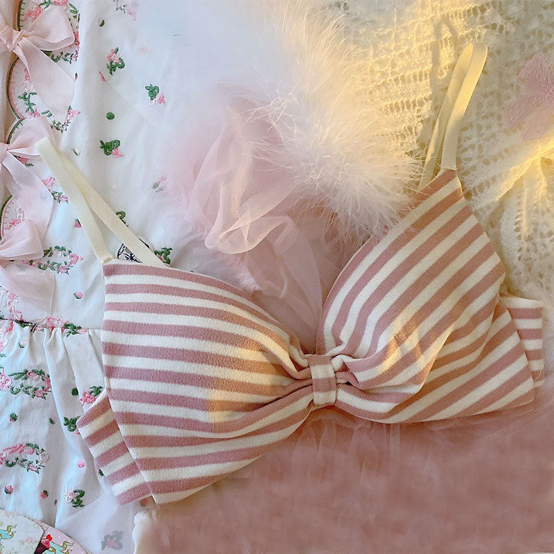 Sofyee Japanese Soft Girl Cute Pink Striped Bow No Steel Ring Bra Set