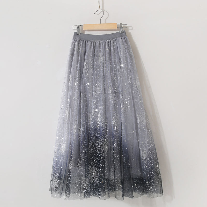 Starring Night Pastel Korean Ruffle Flower Ulzzang Long Skirt