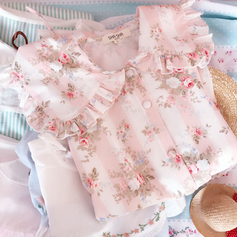Spring Pink Flower Blooming Babydoll Collar Ruffle Aesthetic Shirt
