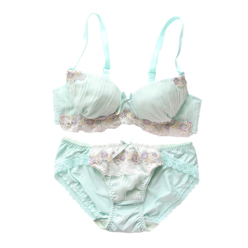 Green & Pink Candy Color Floral Japanese Cute Sweet Bras And Panty Set