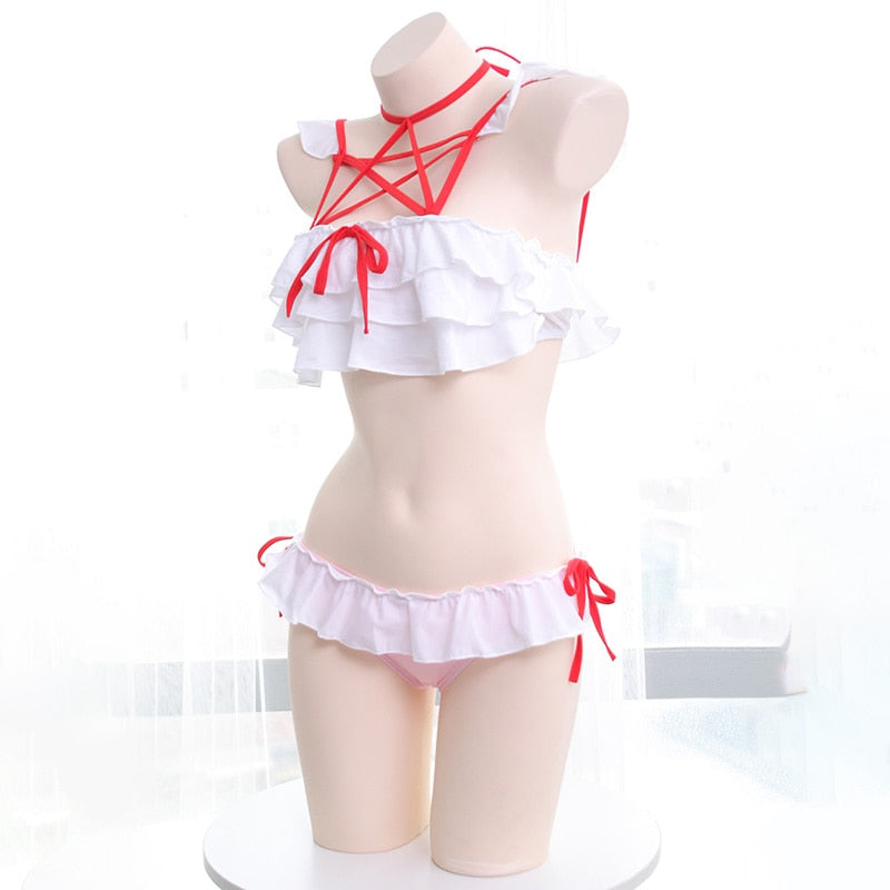 Kawaii Girls Hexagram Tie Ruffles Trim Swimwear Swimsuit Sukumizu Cute Bikini Set Color Pink & White Patchwork