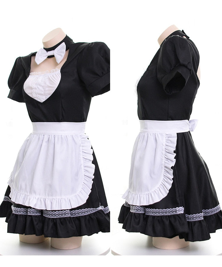 Sexy Kawaii Anime süße Schleife Hals rückenfreies Dienstmädchenkleid Cosplay Set Stirnband & Kleid & Schürze & Manschette 4-teiliges Set