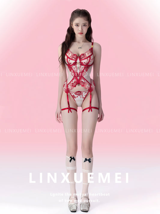 Sexy Mesh Red Flower Sheer Bodysuit