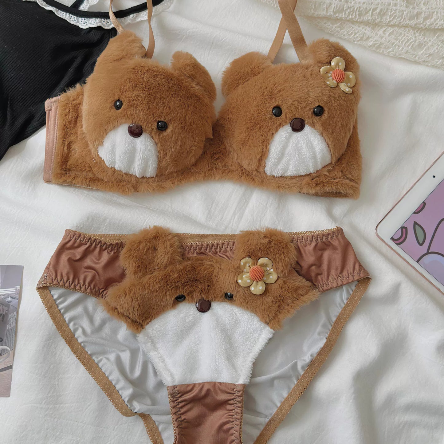 Japanese Cute Pink Plush Bear Embroidery No Steel Ring Bra Set