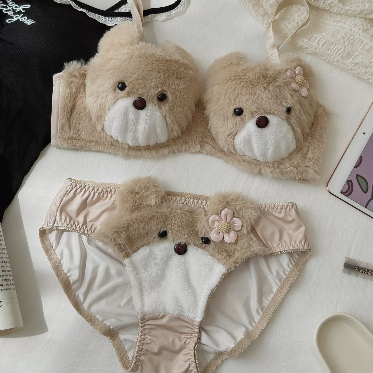 Japanese Cute Pink Plush Bear Embroidery No Steel Ring Bra Set