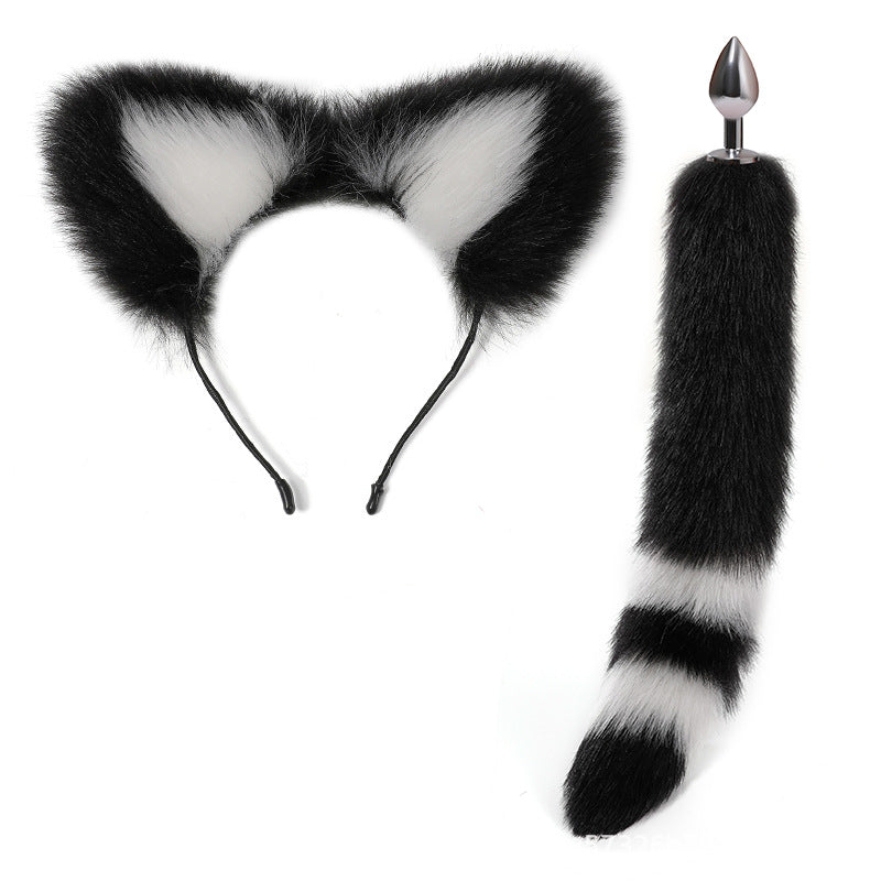 Black White Anime Sexy Cat Ear Headband Butt Plug Tail Set