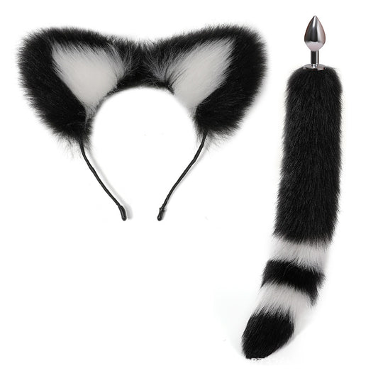 Black White Anime Sexy Cat Ear Headband Butt Plug Tail Set