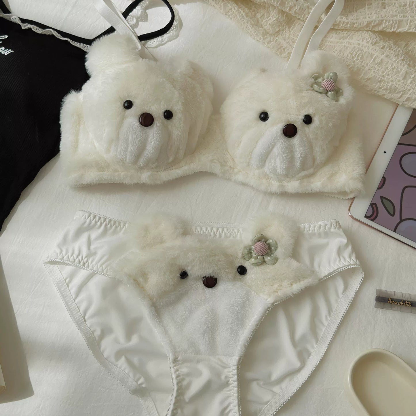 Japanese Cute Pink Plush Bear Embroidery No Steel Ring Bra Set