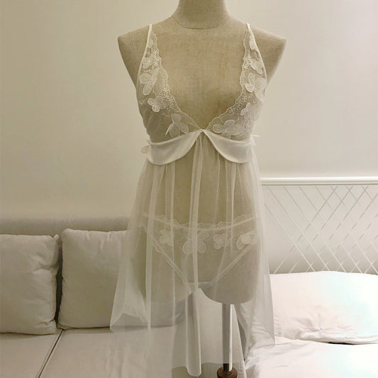 Lacy Flower Pretty Romance White Plunging See Through Lace Baby Doll Set