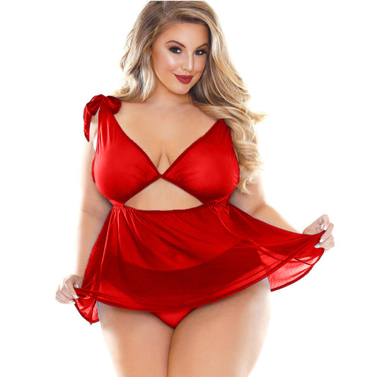Plus Size Gauze Perspective Sexy Lingerie Deep V Sexy Petticoat Set